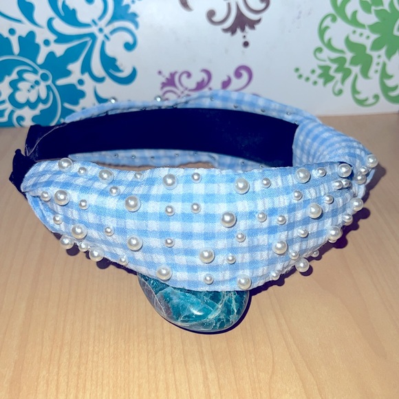 Blue Gingham & Pearls Headband *NEW* - Picture 5 of 8
